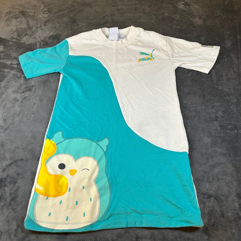 Puma Squishmallows Winston T-Shirt Dress Kids Medium 8-10 White Teal Owl Graphic